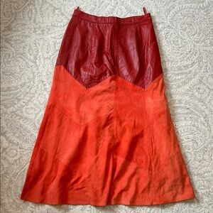 Vintage 1970s Red and Orange Leather and Suede Skirt, Size Medium